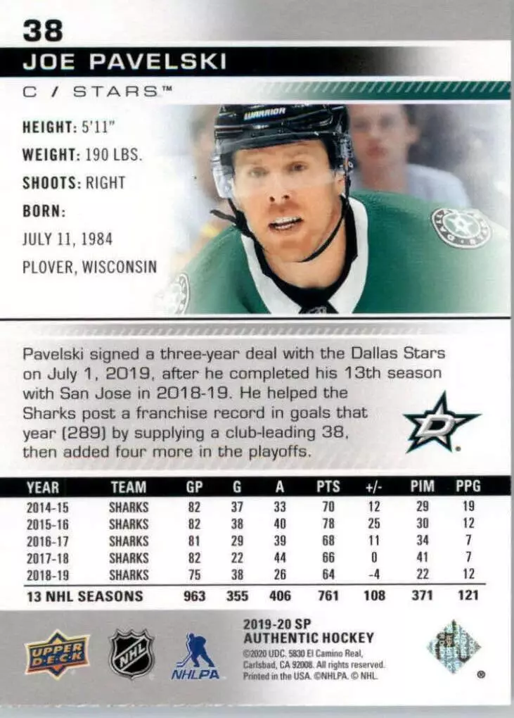 2019-20 SP Authentic #38 Joe Pavelski 1
