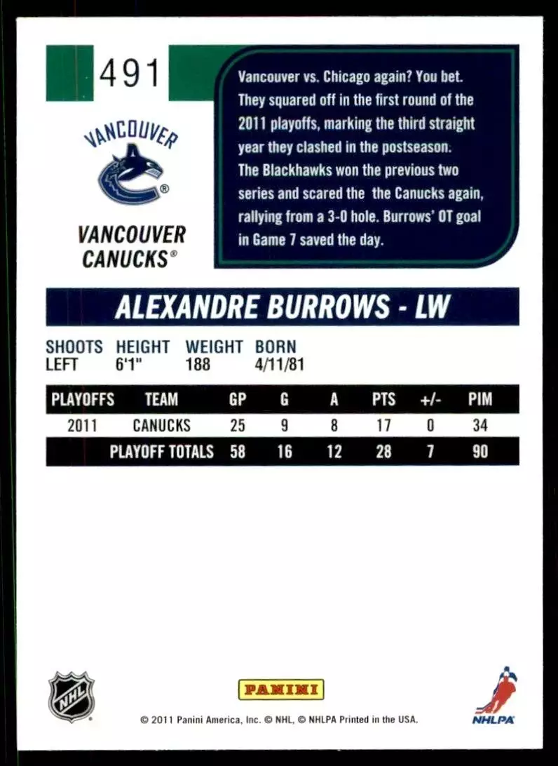 2011-12 Score #491 Alexandre Burrows 1
