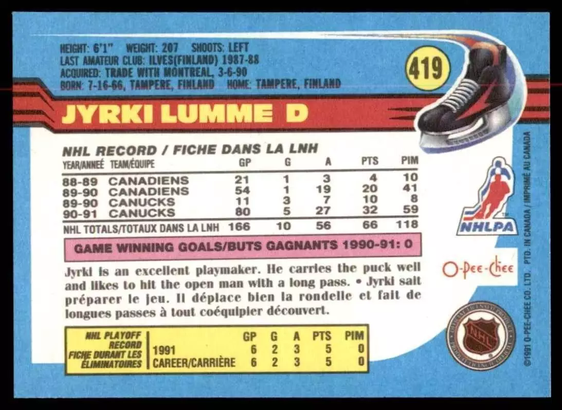 1991-92 O-Pee-Chee #419 Jyrki Lumme 1