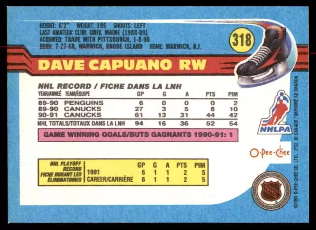 1991-92 O-Pee-Chee #318 Dave Capuano 1