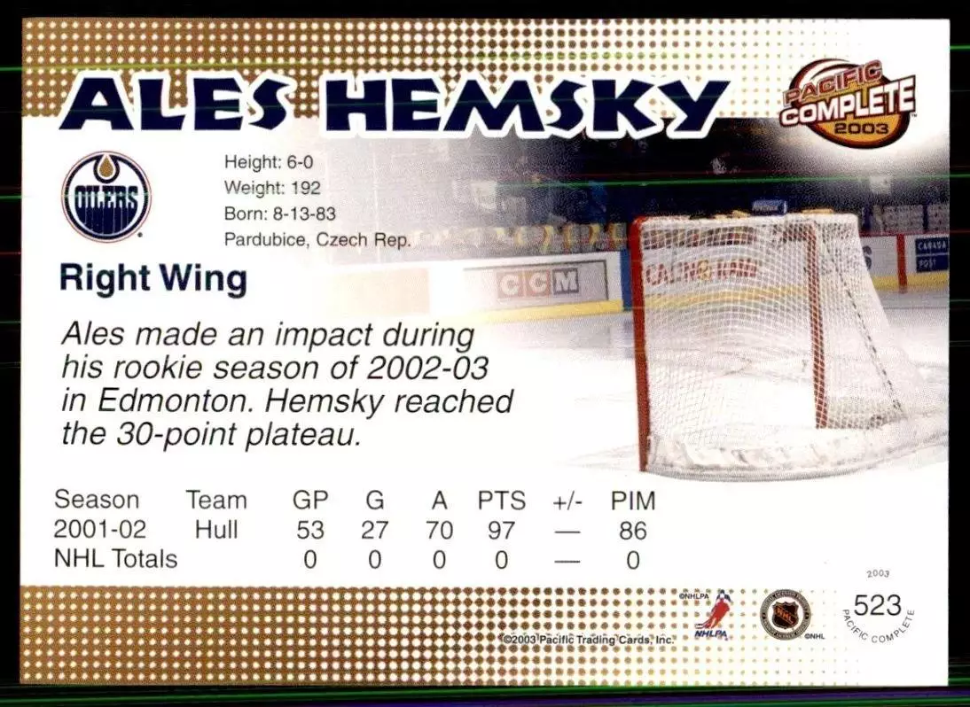 2002-03 Pacific Complete #523 Ales Hemsky RC 1