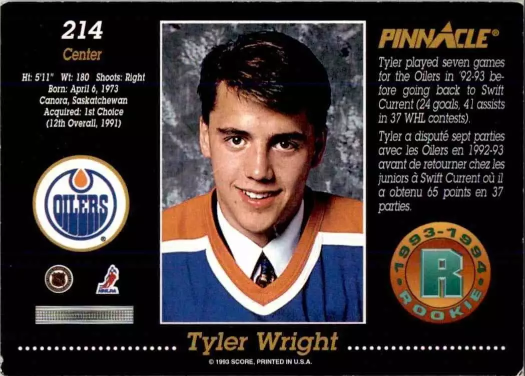 1993-94 Pinnacle #214 Tyler Wright RC 1