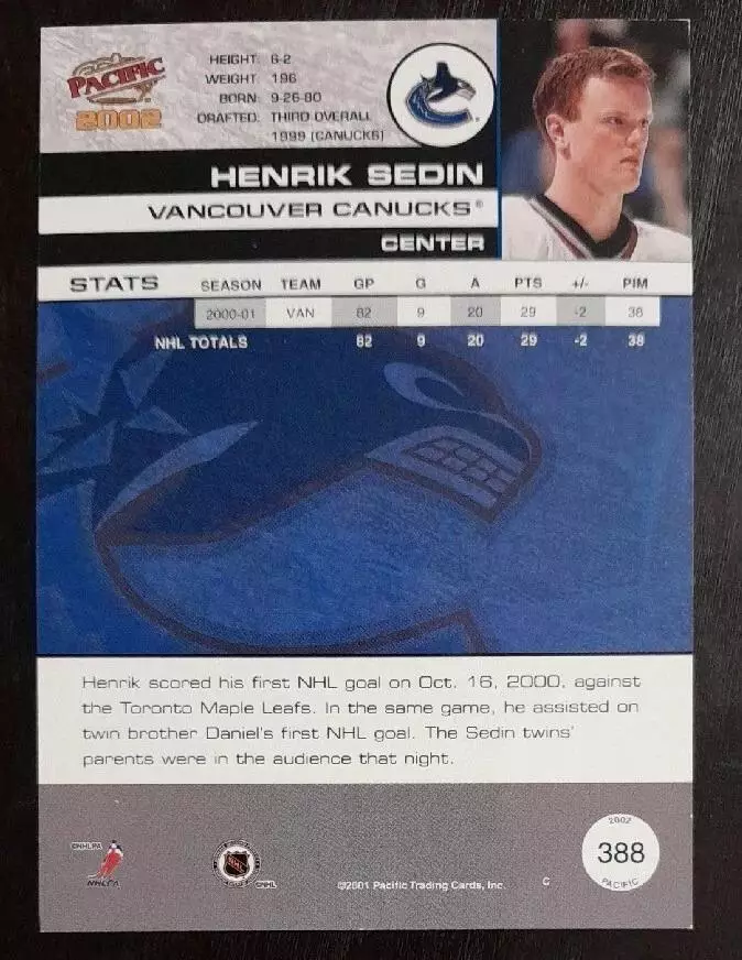 2001-02 Pacific #388 Henrik Sedin 1