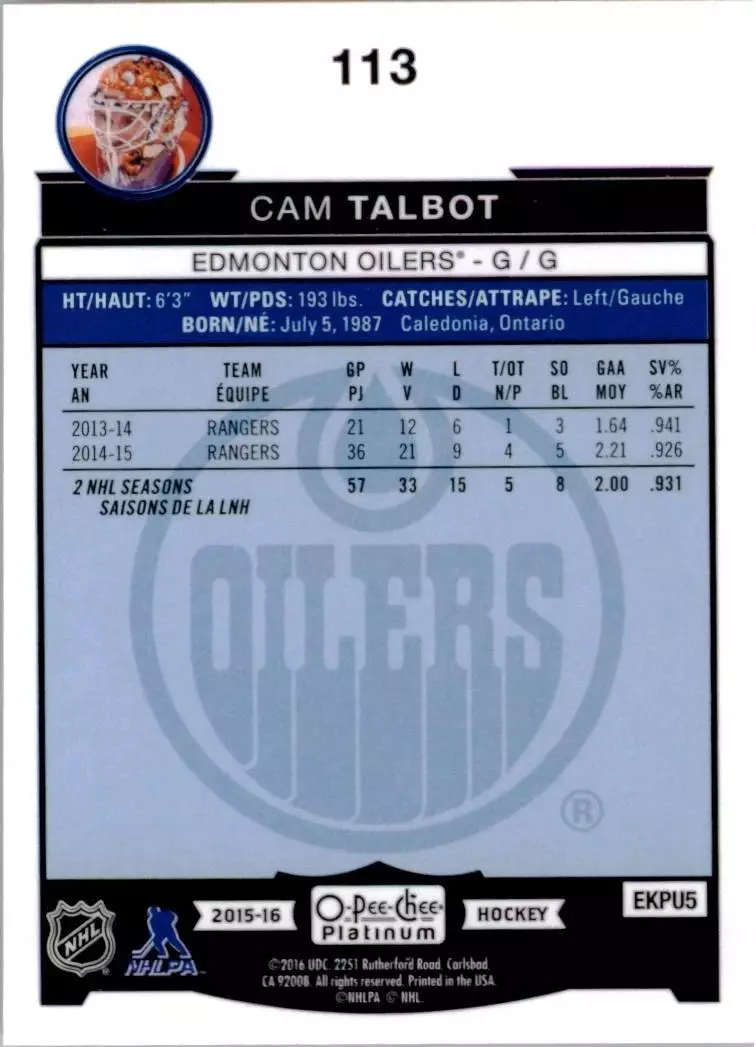 2015-16 O-Pee-Chee Platinum #113 Cam Talbot 1