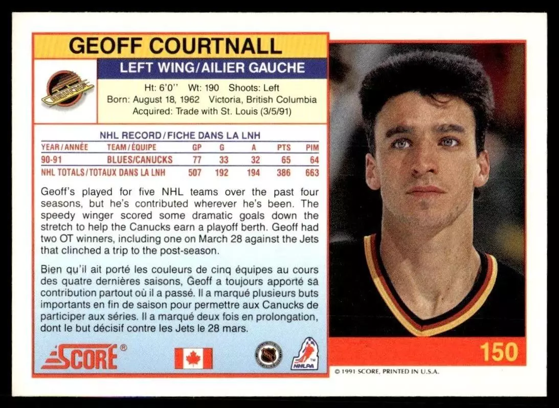 1991-92 Score Canadian Bilingual #150 Geoff Courtnall 1