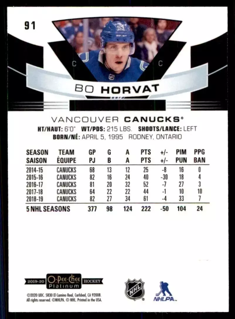 2019-20 O-Pee-Chee Platinum #91 Bo Horvat 1