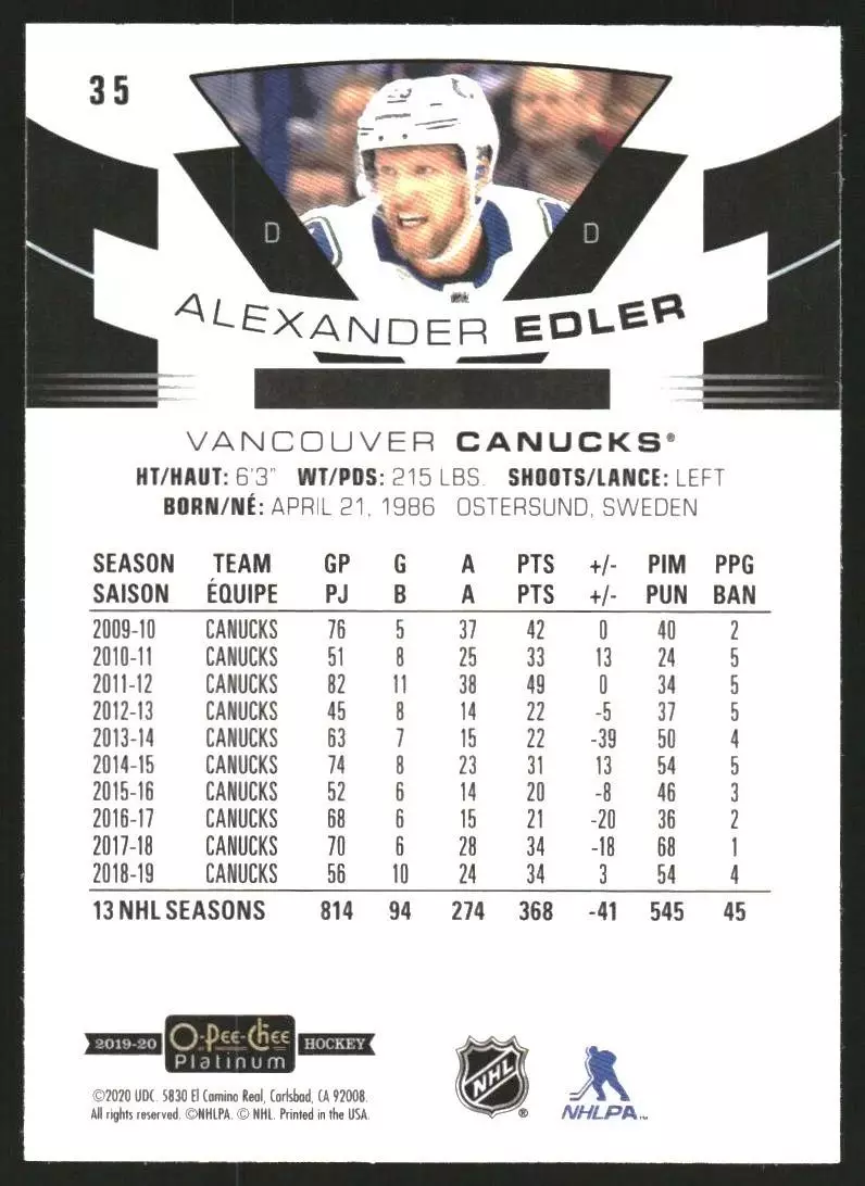 2019-20 O-Pee-Chee Platinum #35 Alexander Edler 1