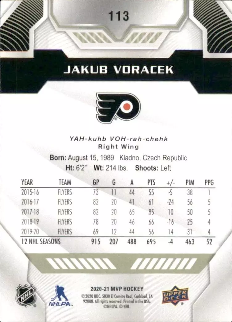 2020-21 Upper Deck MVP #113 Jakub Voracek 1
