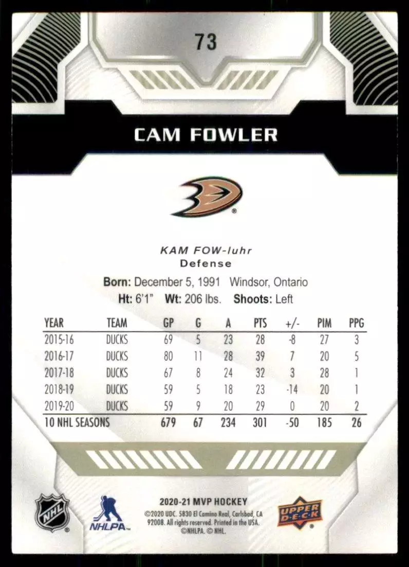2020-21 Upper Deck MVP #73 Cam Fowler 1