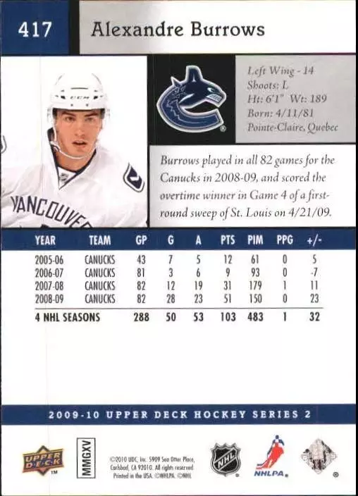 2009-10 Upper Deck #417 Alexandre Burrows 1