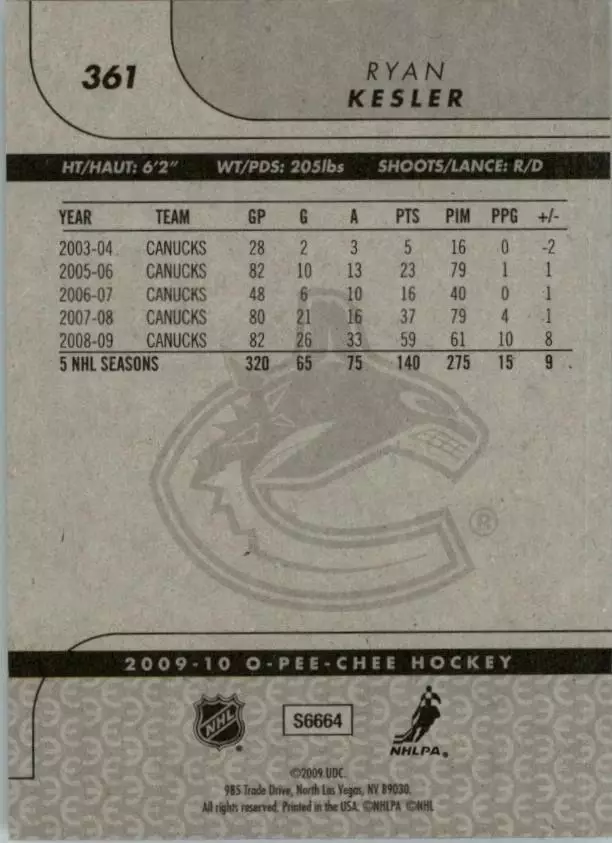 2009-10 O-Pee-Chee #361 Ryan Kesler 1
