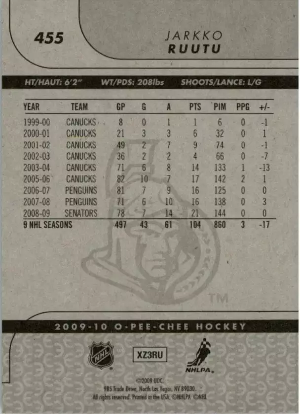 2009-10 O-Pee-Chee #455 Jarkko Ruutu 1