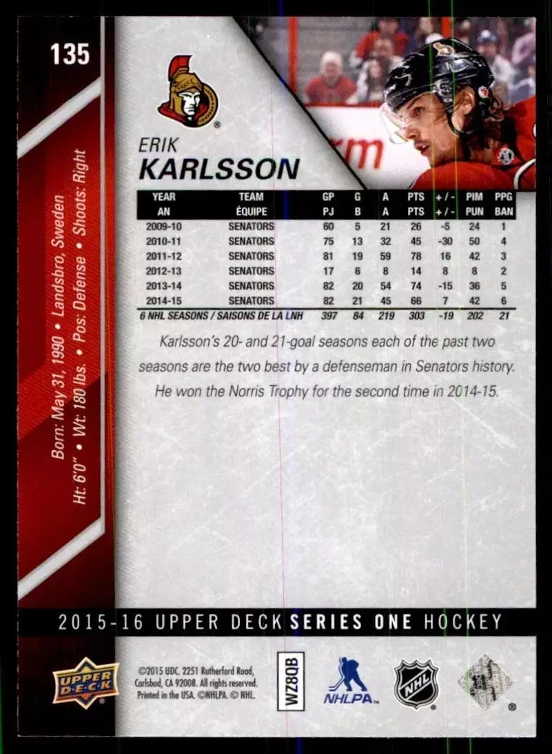 2015-16 Upper Deck #135 Erik Karlsson 1