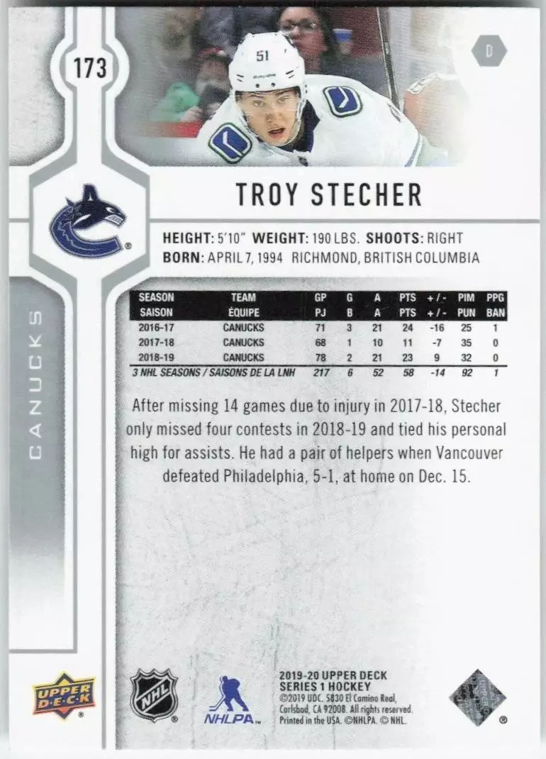 2019-20 Upper Deck #173 Troy Stecher 1