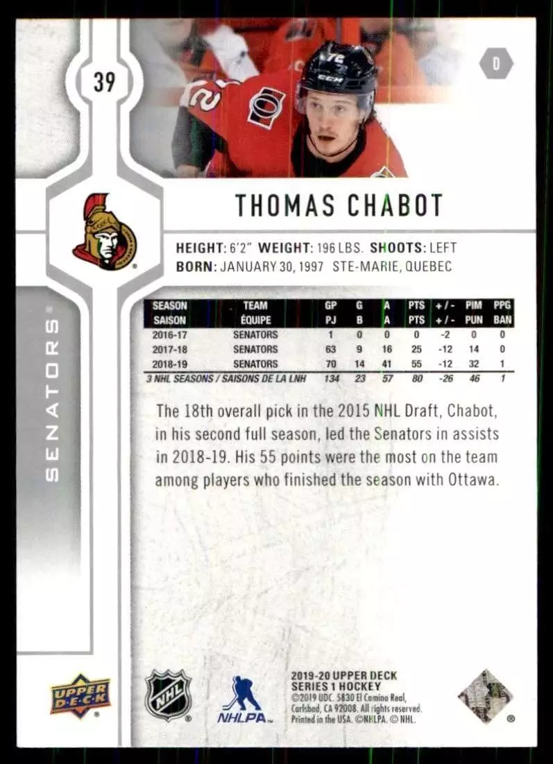 2019-20 Upper Deck#39 Thomas Chabot 1