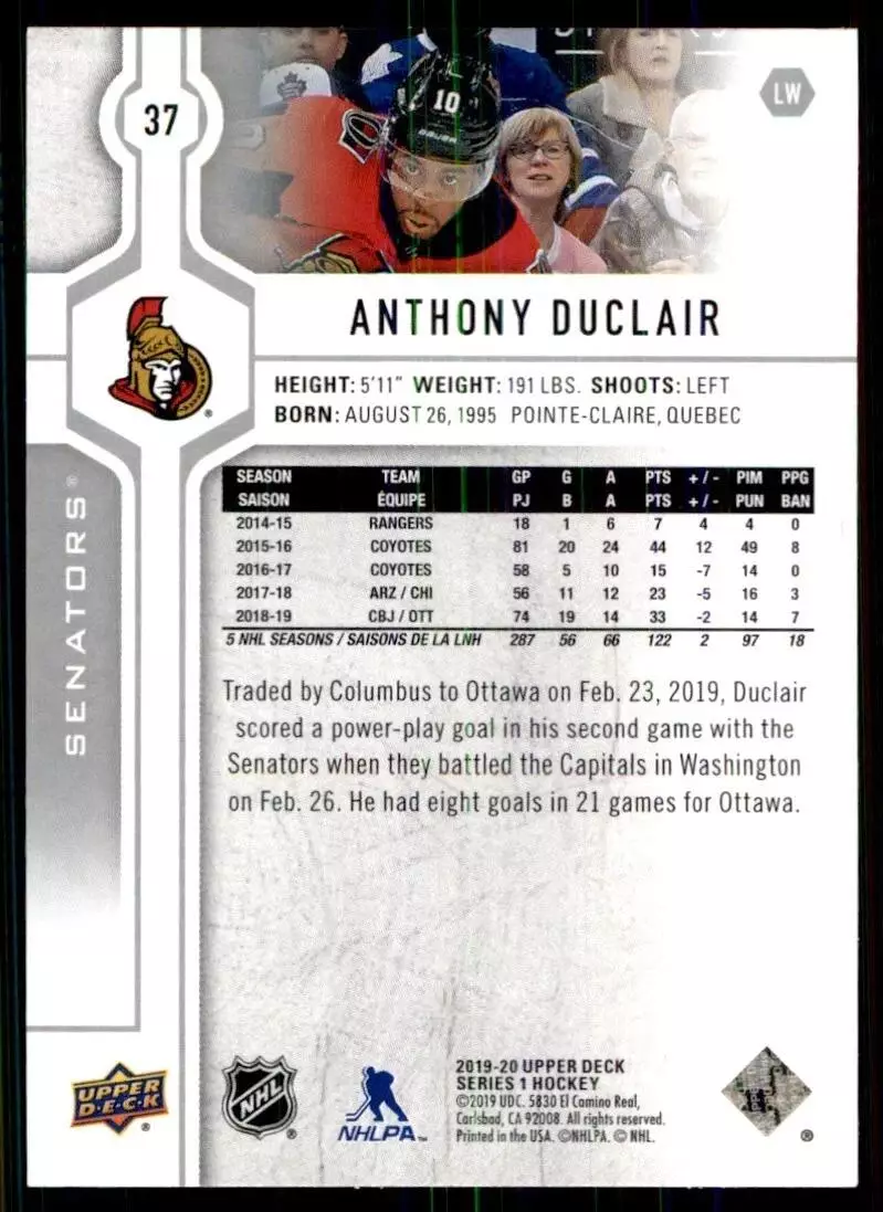 2019-20 Upper Deck #37 Anthony Duclair 1