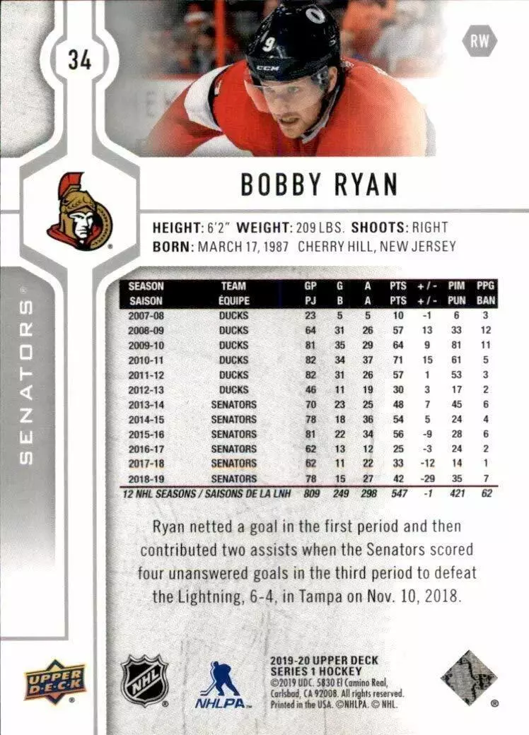 2019-20 Upper Deck #34 Bobby Ryan 1