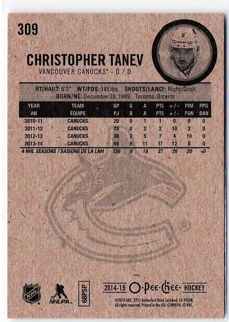 2014-15 O-Pee-Chee #309 Chris Tanev 1