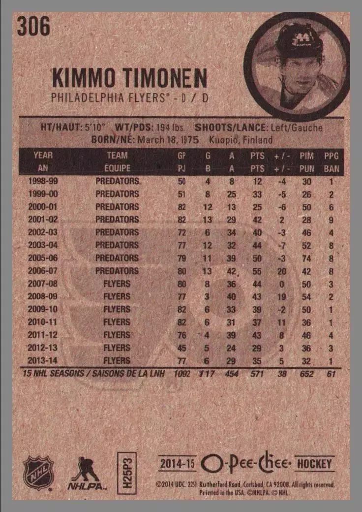 2014-15 O-Pee-Chee #306 Kimmo Timonen 1