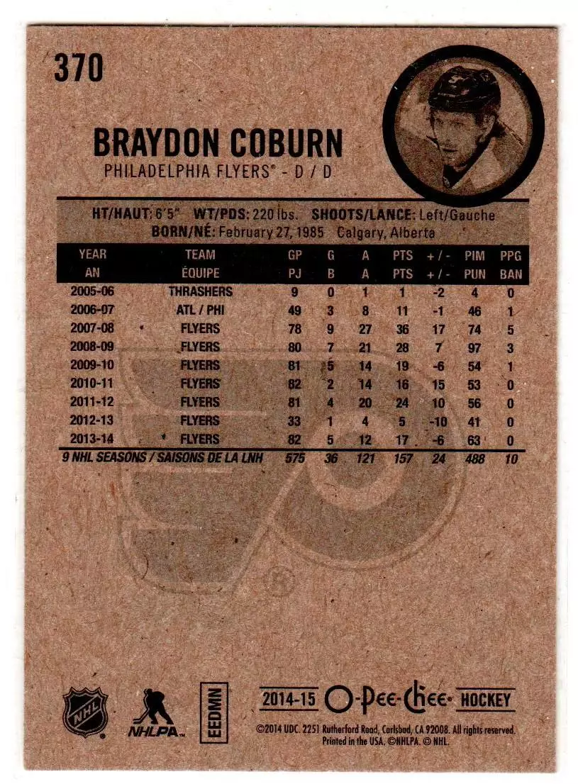 2014-15 O-Pee-Chee #370 Braydon Coburn 1