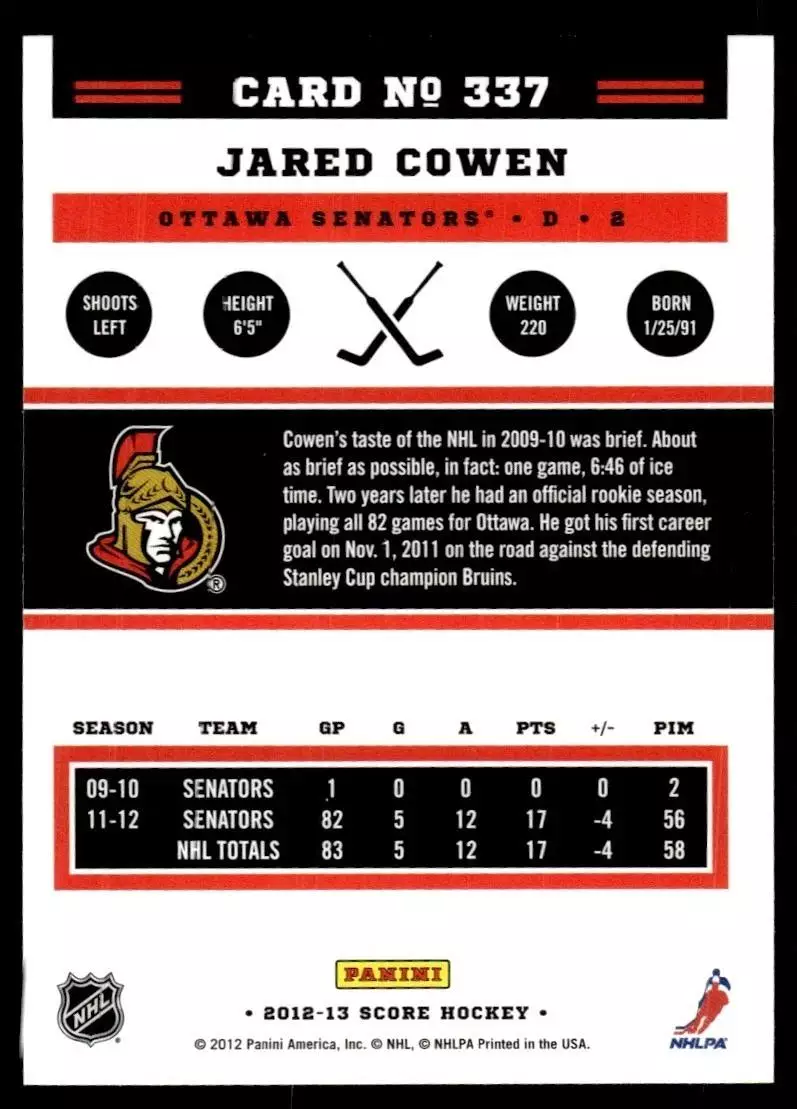2012-13 Score #337 Jared Cowen 1