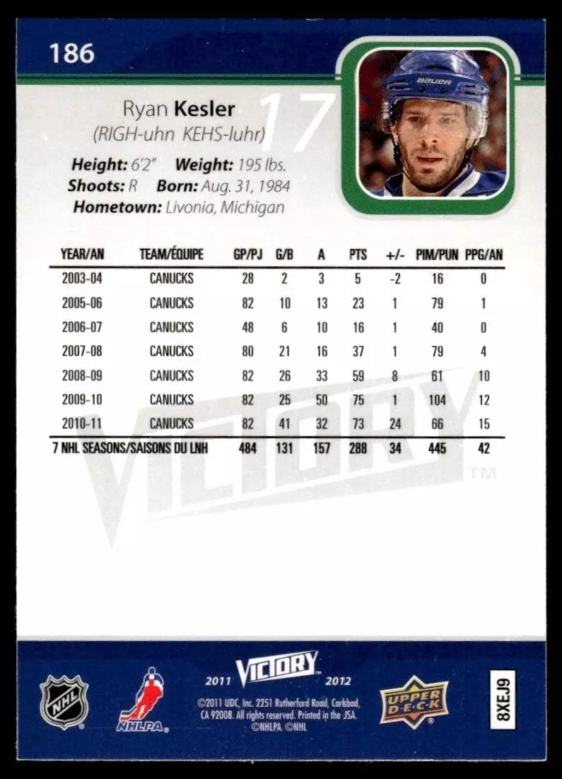 2011-12 Upper Deck Victory #186 Ryan Kesler 1