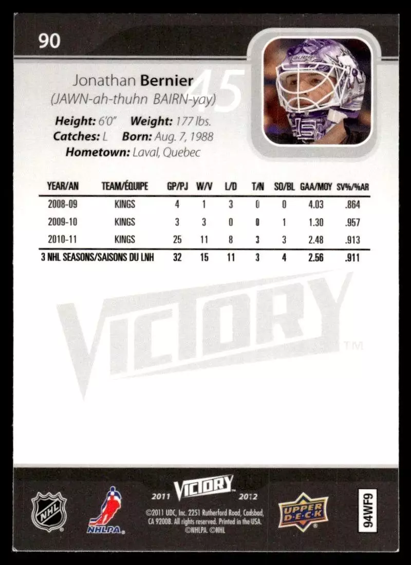 2011-12 Upper Deck Victory #90 Jonathan Bernier 1