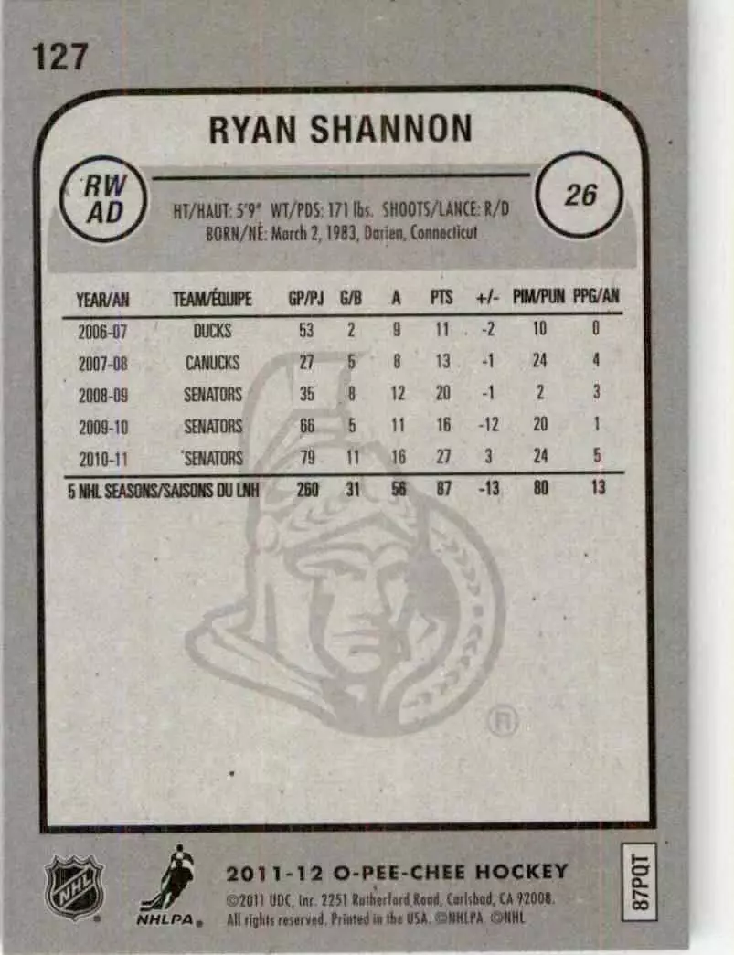 2011-12 O-Pee-Chee #127 Ryan Shannon 1