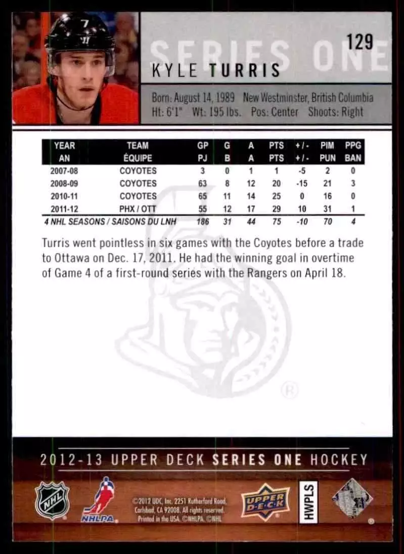 2012-13 Upper Deck #129 Kyle Turris 1