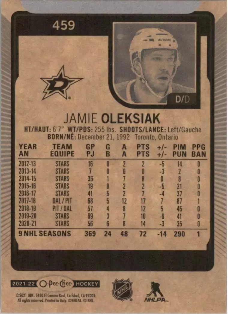 2021-22 O-Pee-Chee #459 Jamie Oleksiak 1
