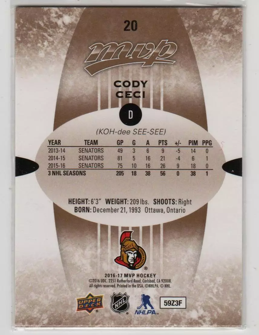 2016-17 Upper Deck MVP #20 Cody Ceci 1