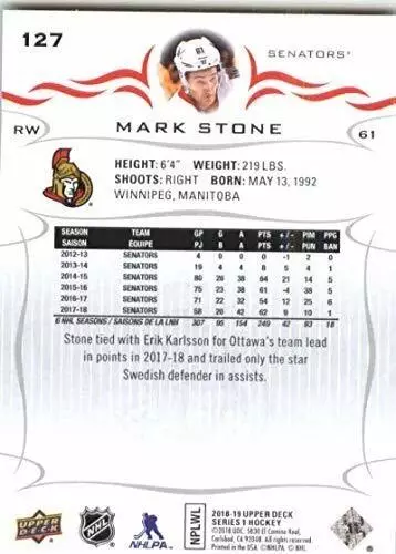 2018-19 Upper Deck #127 Mark Stone 1