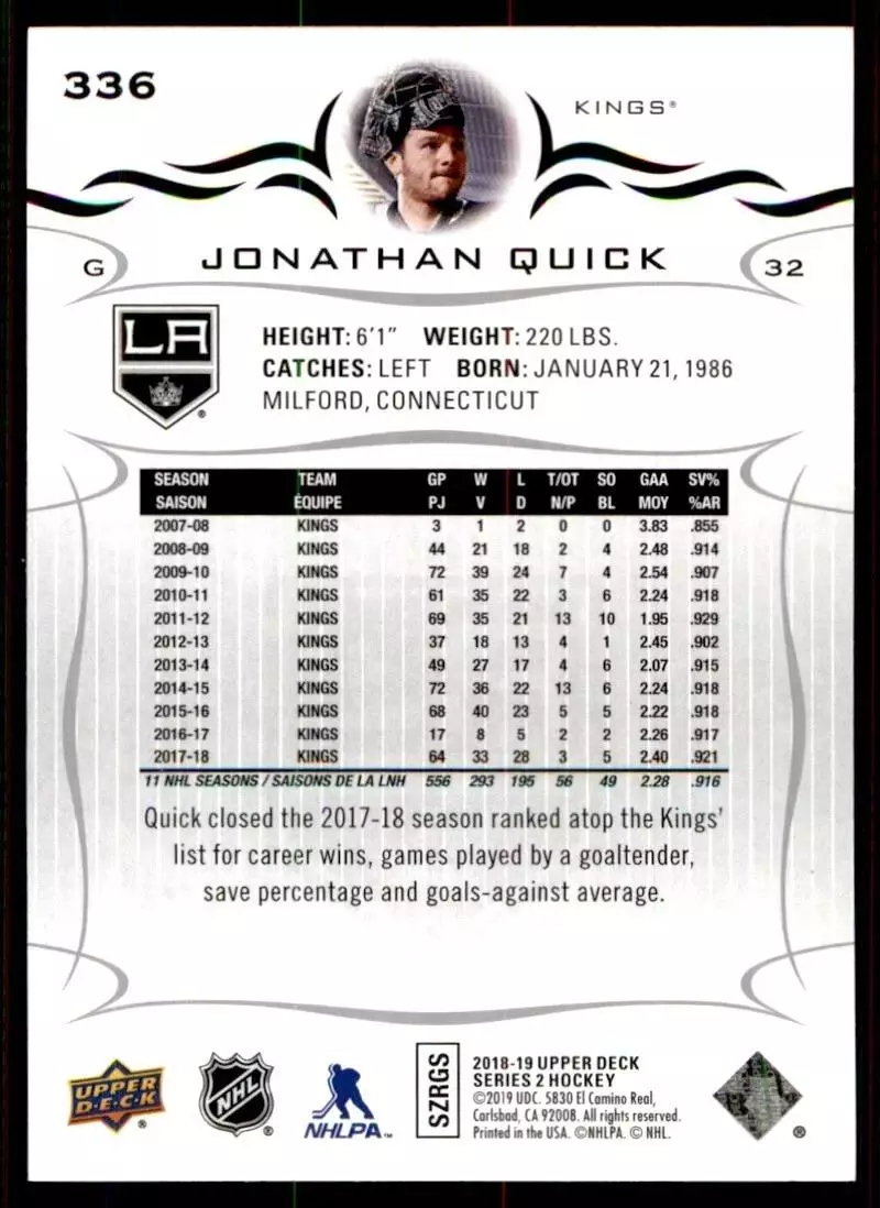 2018-19 Upper Deck #336 Jonathan Quick 1