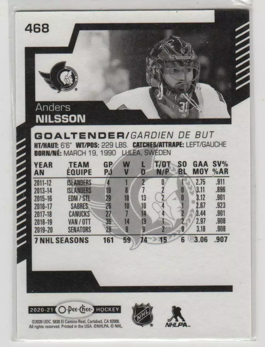 2020-21 O-Pee-Chee #468 Anders Nilsson 1