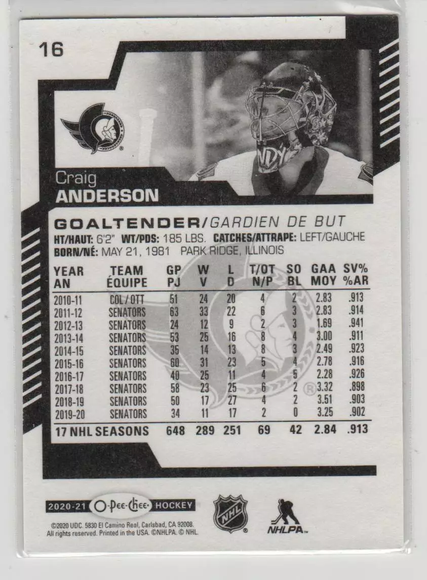 2020-21 O-Pee-Chee #16 Craig Anderson 1