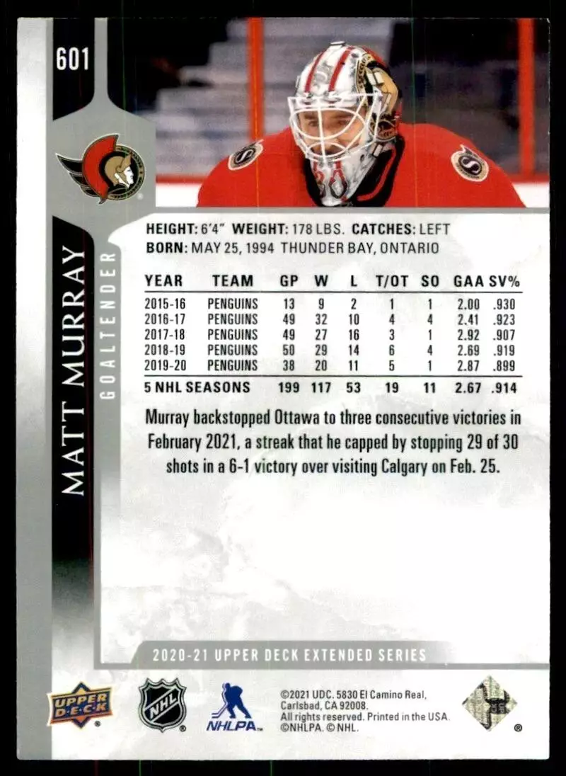 2020-21 Upper Deck #601 Matt Murray 1