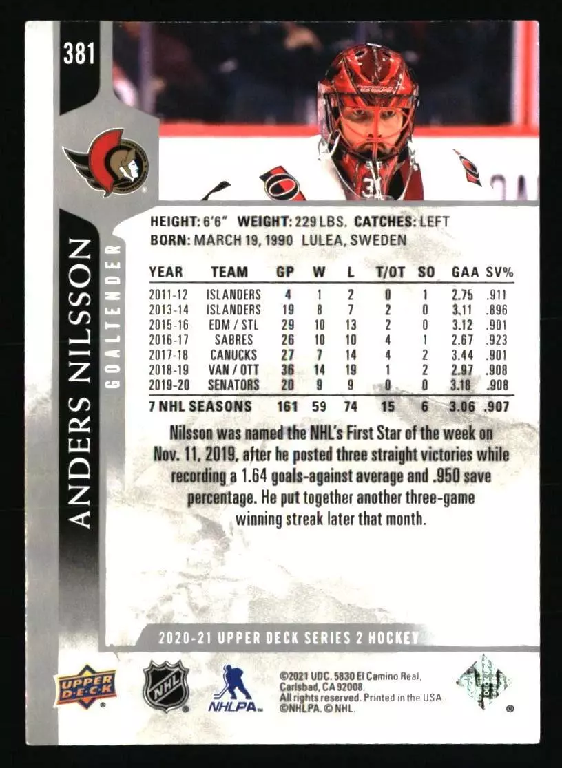 2020-21 Upper Deck #381 Anders Nilsson 1