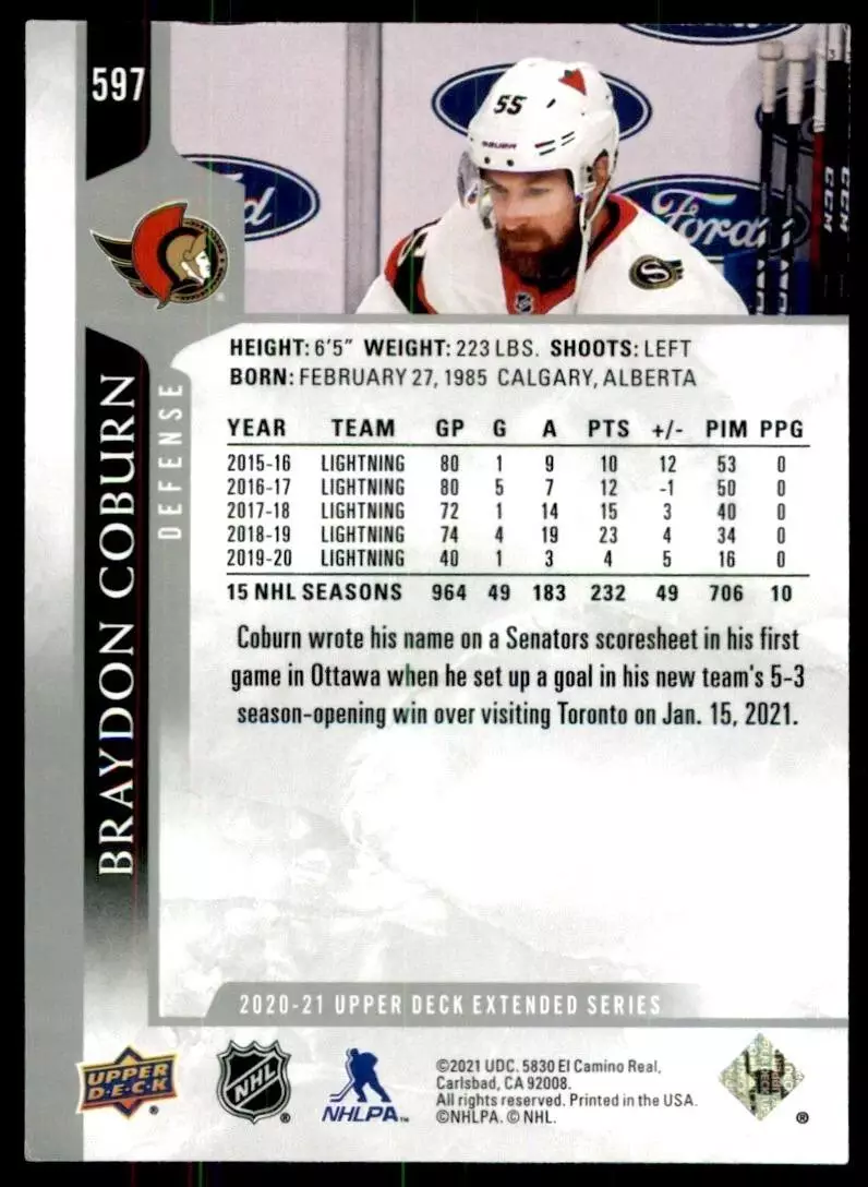 2020-21 Upper Deck #597 Braydon Coburn 1