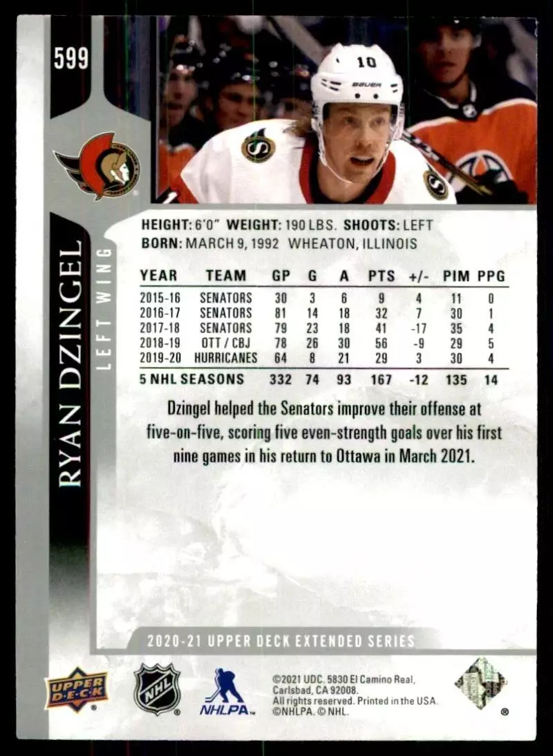 2020-21 Upper Deck #599 Ryan Dzingel 1