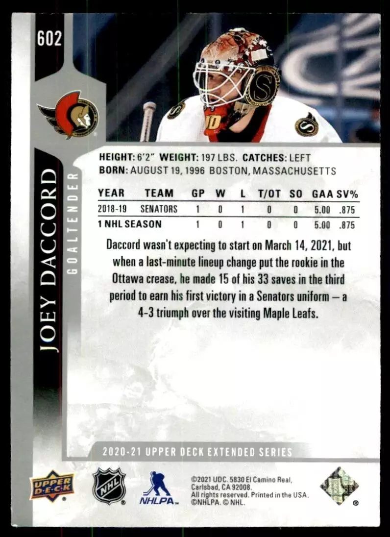 2020-21 Upper Deck #602 Joey Daccord 1