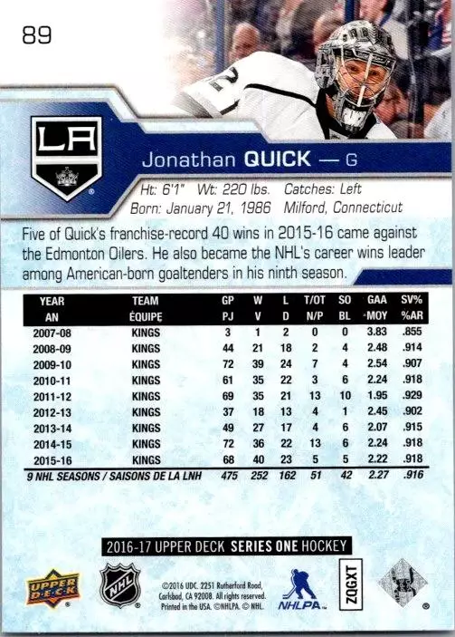 2016-17 Upper Deck #89 Jonathan Quick 1