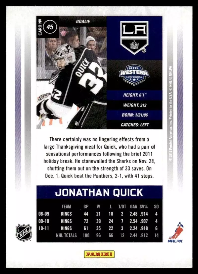 2011-12 Panini Contenders #45 Jonathan Quick 1