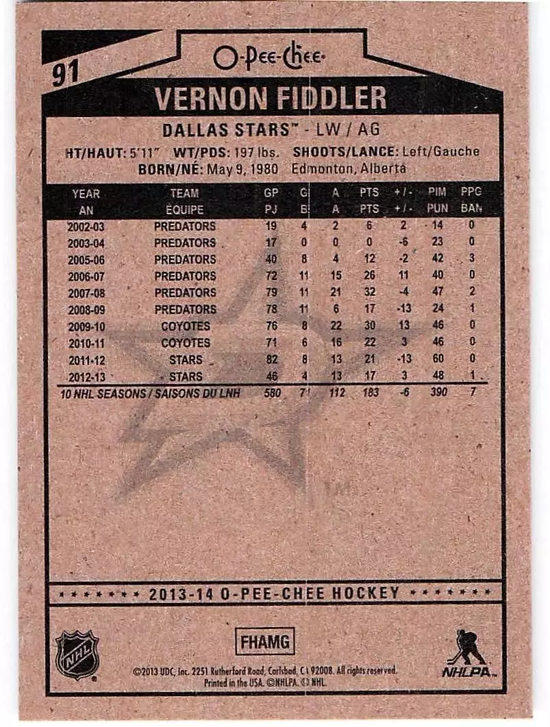 2013-14 O-Pee-Chee #91 Vernon Fiddler 1