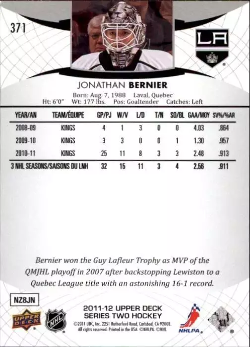 2011-12 Upper Deck #371 Jonathan Bernier 1