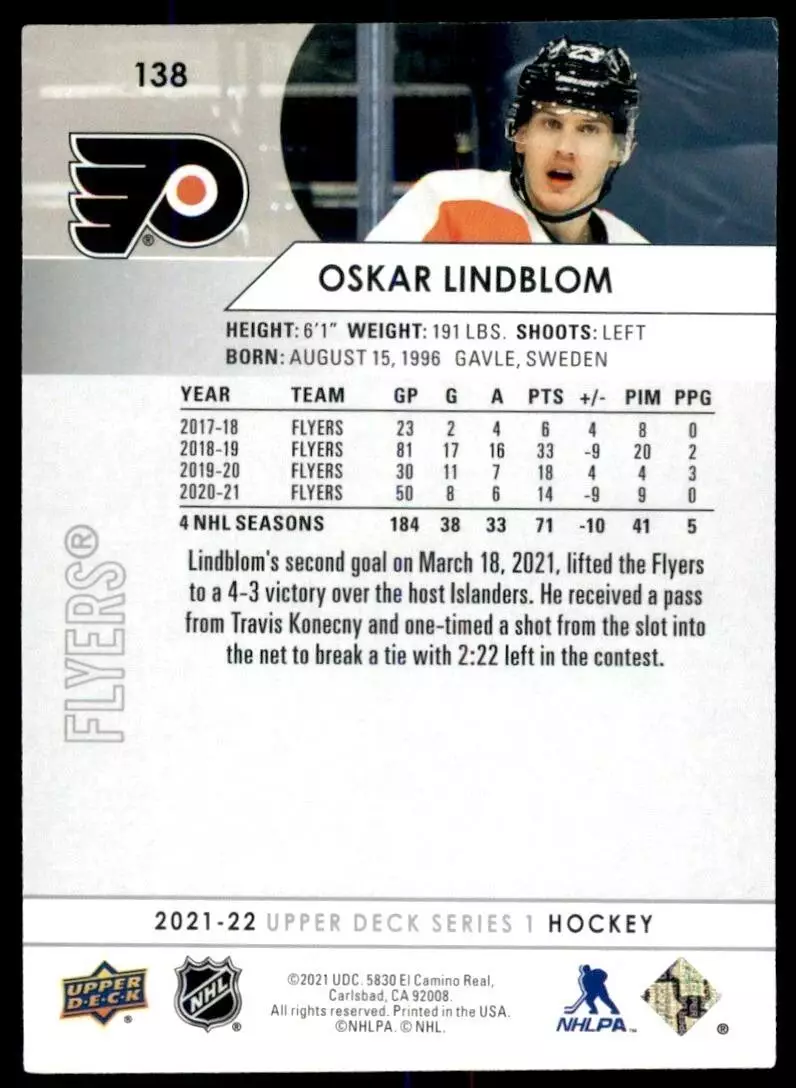 2021-22 Upper Deck #138 Oskar Lindblom 1
