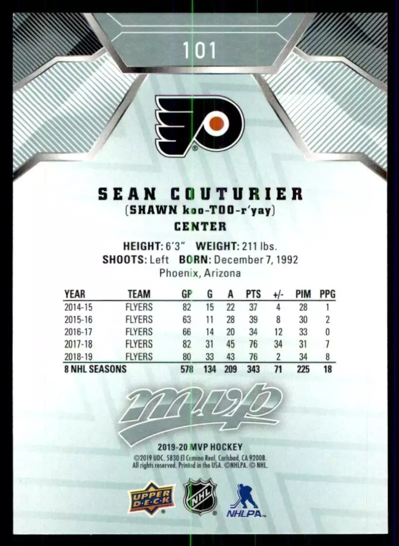 2019-20 Upper Deck MVP #101 Sean Couturier 1