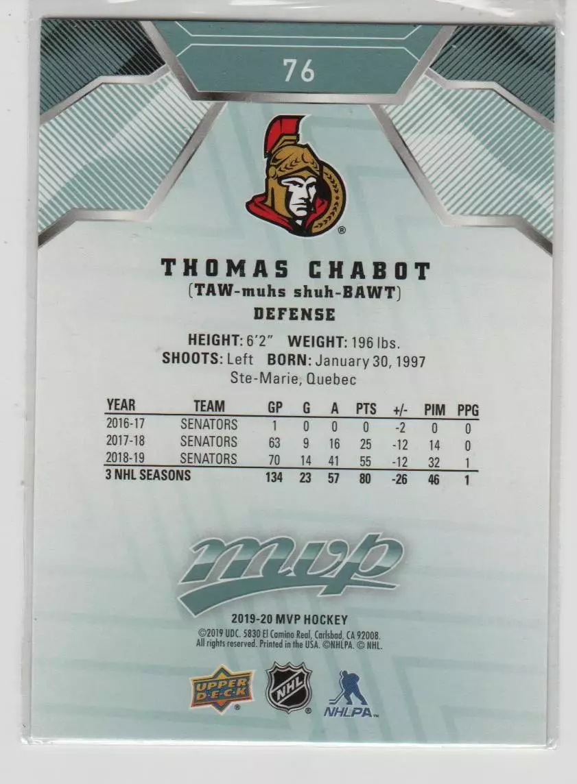 2019-20 Upper Deck MVP #76 Thomas Chabot 1