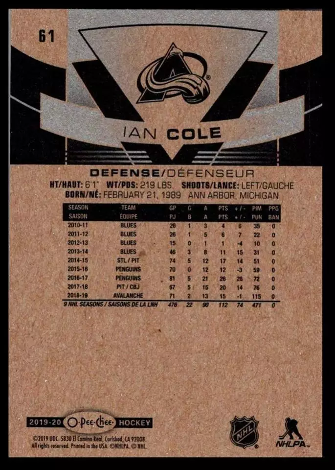 2019-20 O-Pee-Chee #61 Ian Cole 1