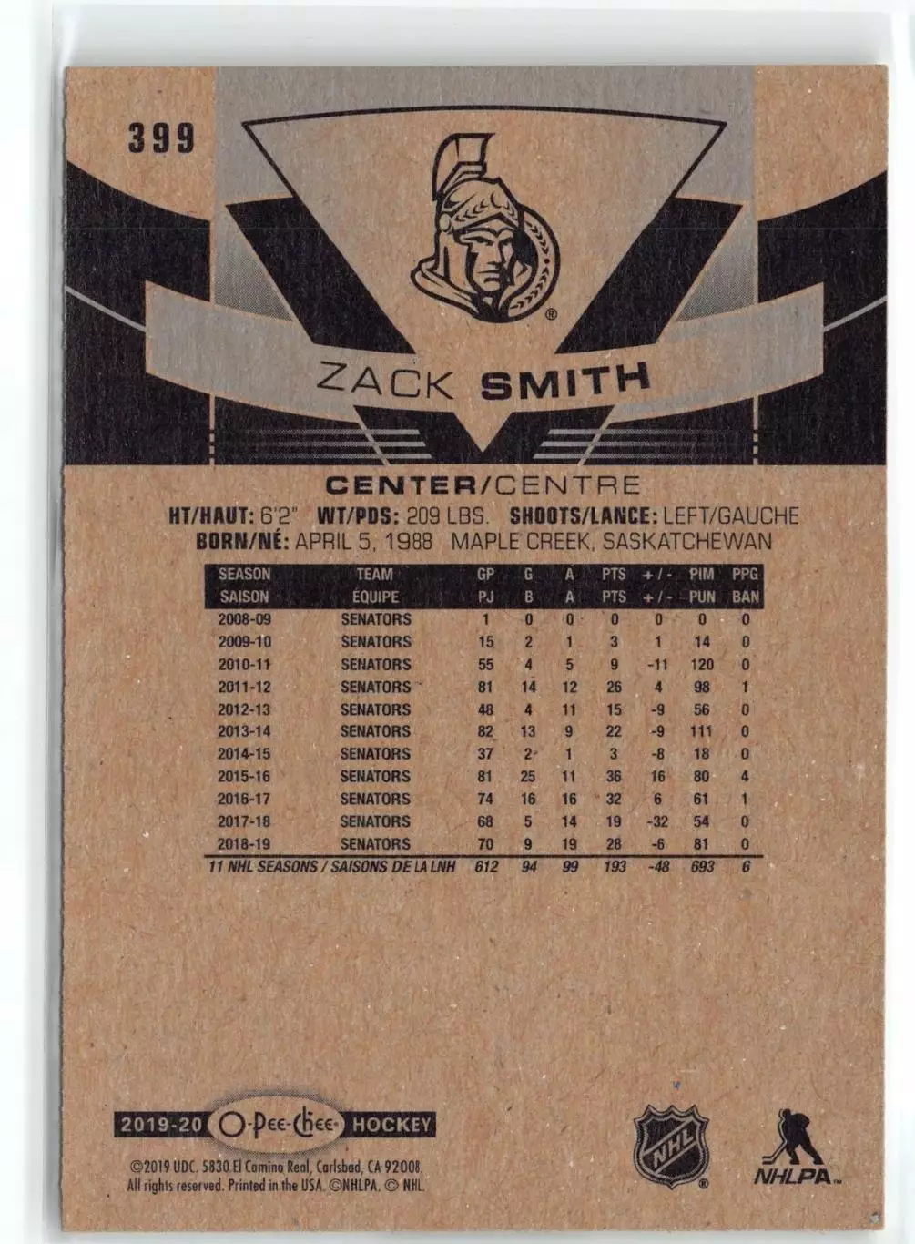 2019-20 O-Pee-Chee #399 Zack Smith 1