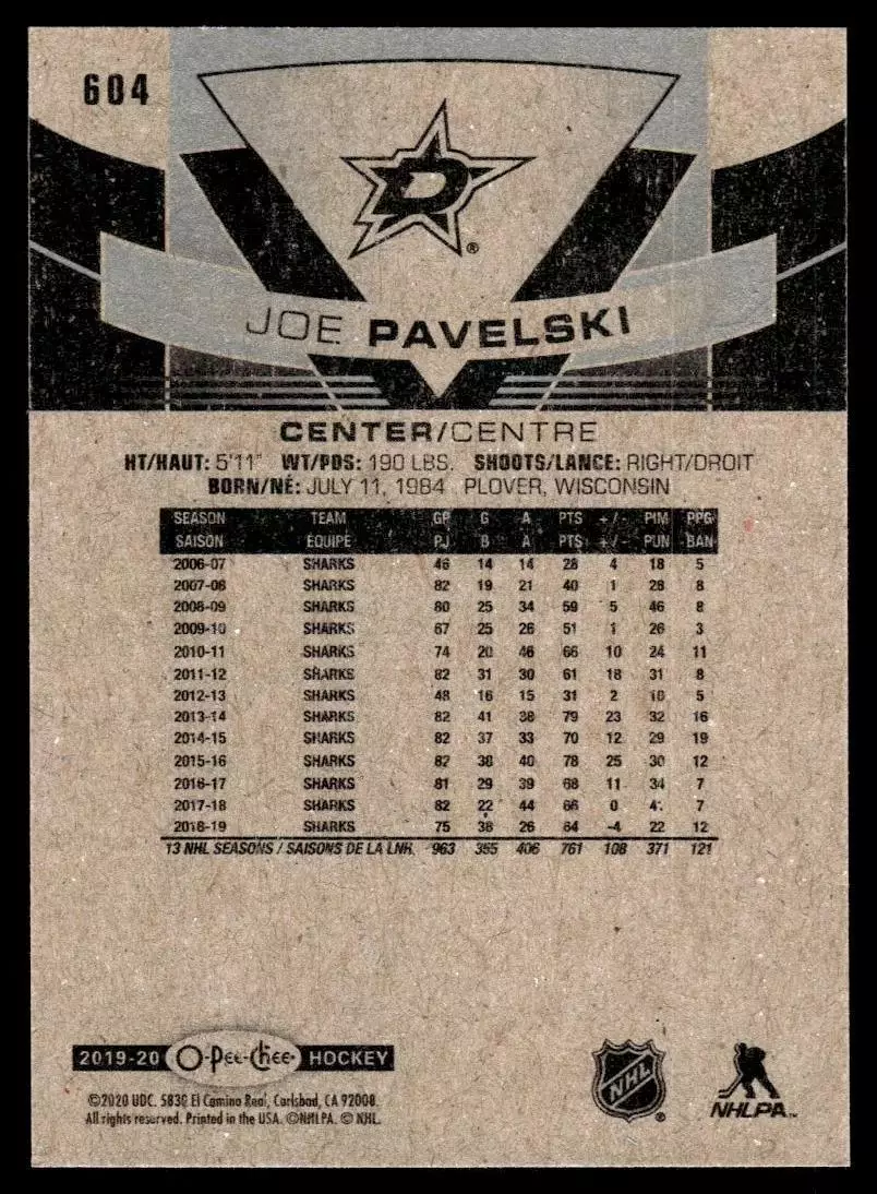 2019-20 O-Pee-Chee #604 Joe Pavelski 1